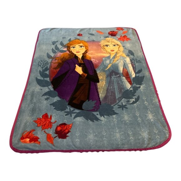 Disney Frozen II Fleece Blanket – Anna & Elsa – Blue with Red Trim – 50 x 40" - Picture 2 of 3